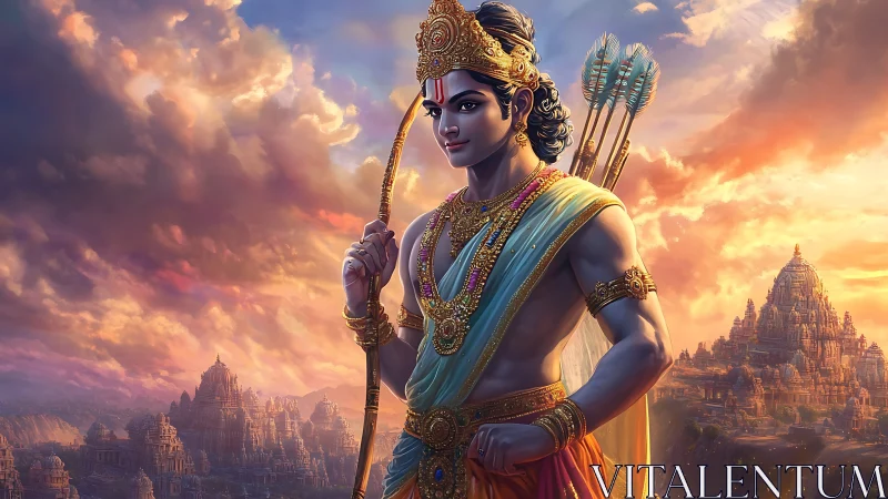 Heroic archer deity stands before luminous mythic temple city