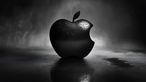 Glossy black bitten apple logo in moody wet scene.