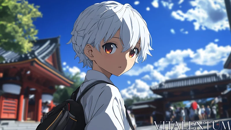 White haired student in shrine courtyard under deep blue sky.