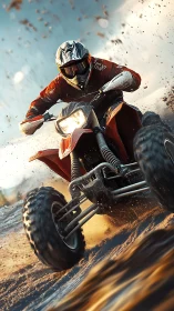 Off-road quad bike rider on wet dirt track in motion.