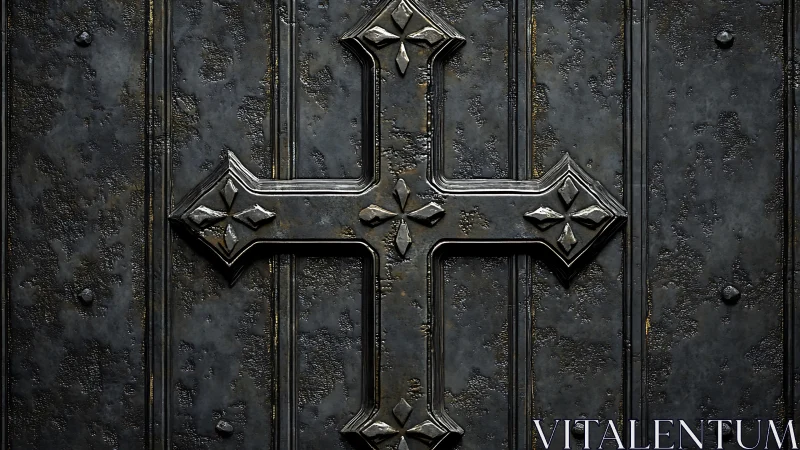Metal cross relief is mounted on dark weathered door