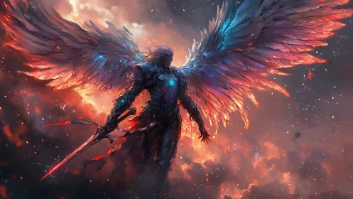 Armored winged warrior with glowing sword in fiery sky.