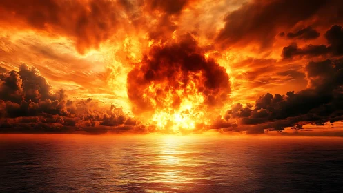 Digital seascape inferno with radial cloudburst composition.