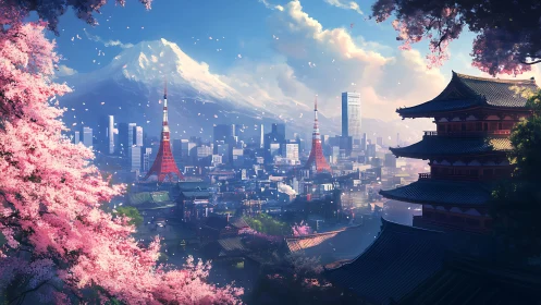 Cherry blossoms framing futuristic Tokyo beneath Mt. Fuji.