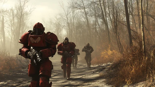Armored soldiers patrol forest path in dense autumn haze