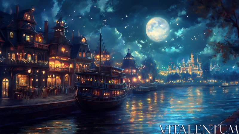 Moonlit fantasy harbor glows with lantern-lit riverside town