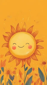 Smiling solar glyph integrated with stylized botanical field.