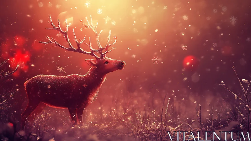 Deer stands in snowy field under warm glowing winter light