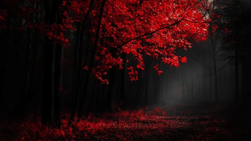 Crimson Forest Path Through Autumn Mist.