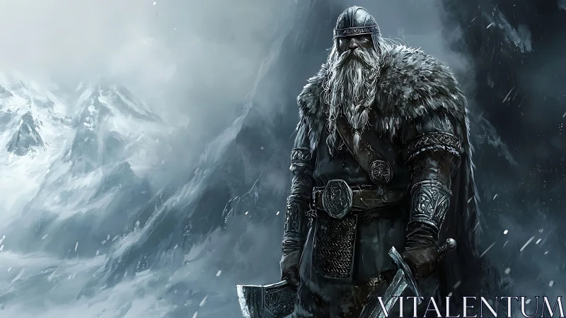 Armored warrior in fur standing in snowy mountain landscape.