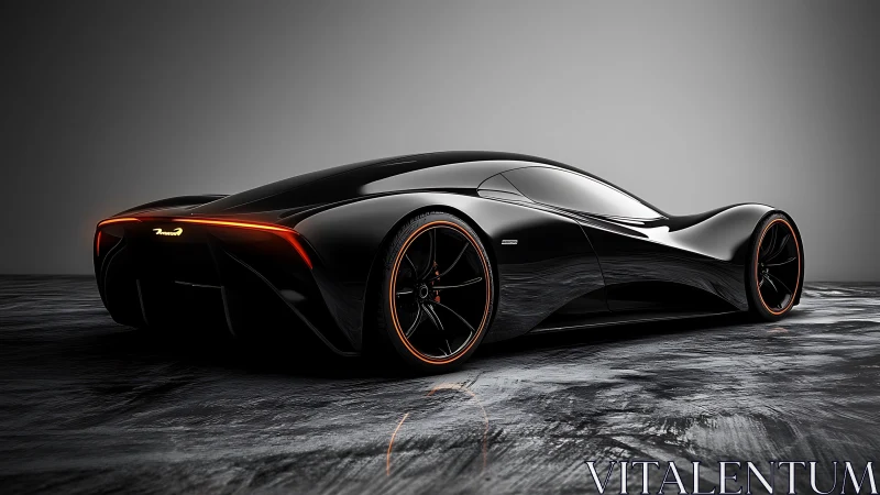 Sleek black futuristic supercar with glowing rear lights.