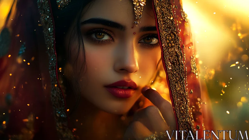 Bridal portrait glows in warm backlight with jeweled veil