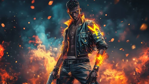Cyberpunk fire warrior amid glowing embers and smoke.
