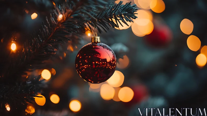 Red ornament on evergreen branch with defocused lights background.