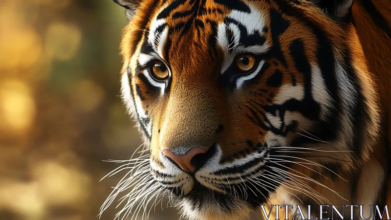 Close frontal profile of striped tiger in soft focus light.