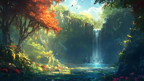 Forest waterfall and pond in sunlit rocky gorge environment.