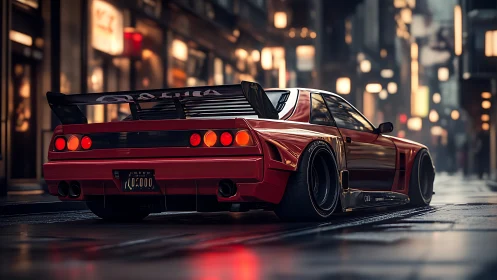 Modified red sports coupe is parked on wet urban street at night