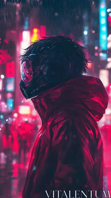 Cyberpunk rain portrait in neon-soaked urban profile study.