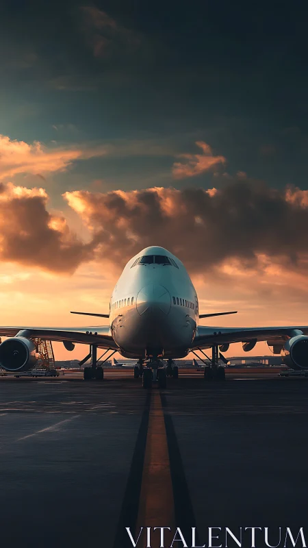 Photorealistic front-view jetliner on runway at sunset symmetry.