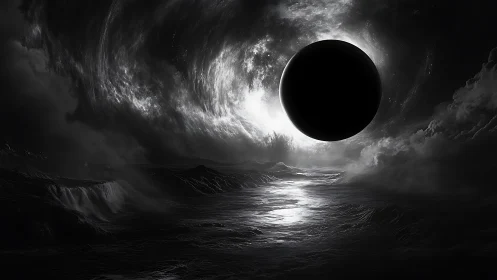 Mystical dark planet drifting above a glowing silver sea.