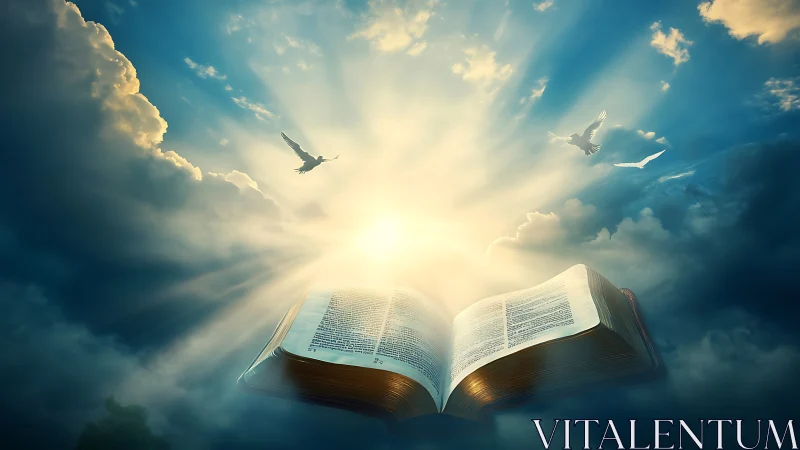 Digital painting of open holy book with radiant celestial light.