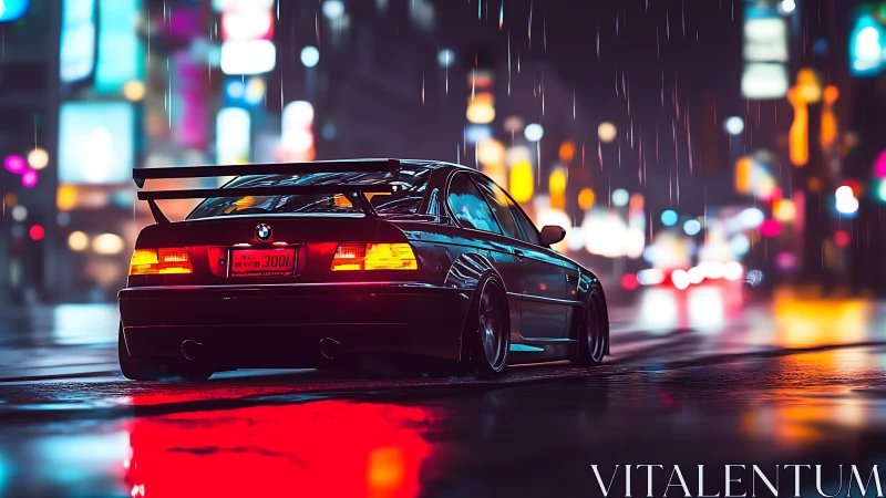 Street-tuned BMW in neon rain-soaked city at night.