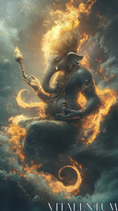Fiery elephant-headed deity in swirling storm clouds.