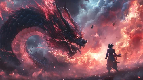 Fiery dragon coils around lone warrior amid burning clouds