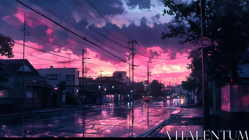 Neon dusk over quiet rainy city street glows in reflection.