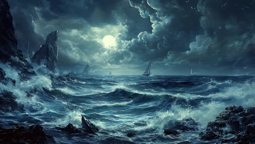 Digital seascape storm with moonlit waves and distant yachts.