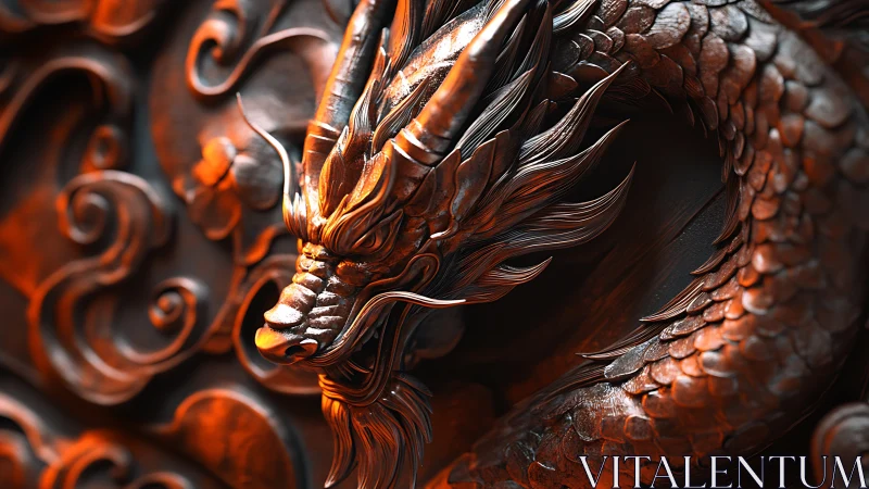 Cinematic macro render of ornate coiled oriental dragon relief