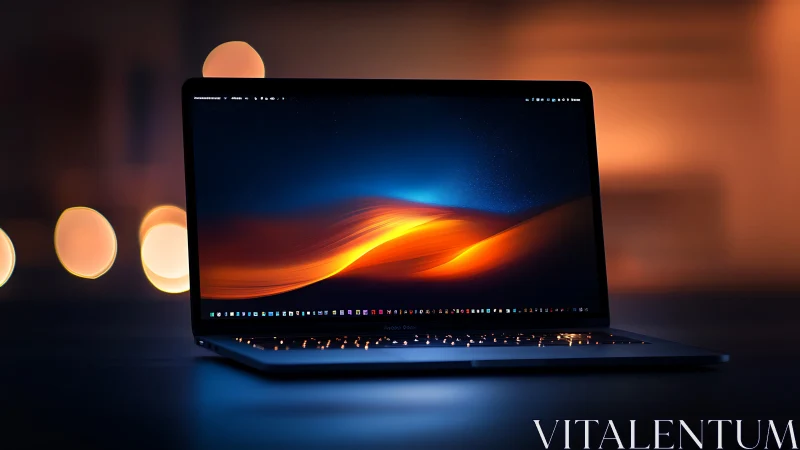 Midnight laptop glows with molten sunrise pixels.