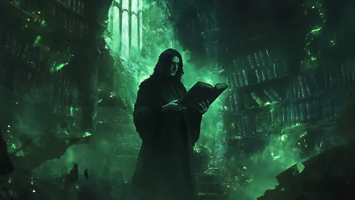 Dark robed sorcerer reading grimoire in luminous green library