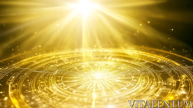 Radiant golden energy circle glows with digital light beams.