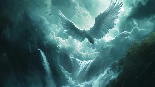 Majestic white bird ascends above ethereal cascading waterfalls