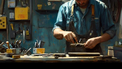 Manual craftsman calibrating woodworking hand plane in studio.