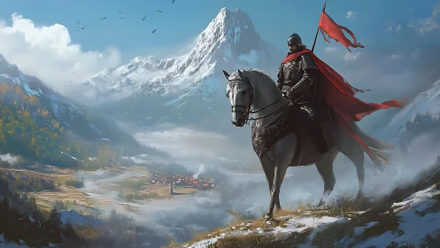 Lone mountain knight overlooking a misty valley village.