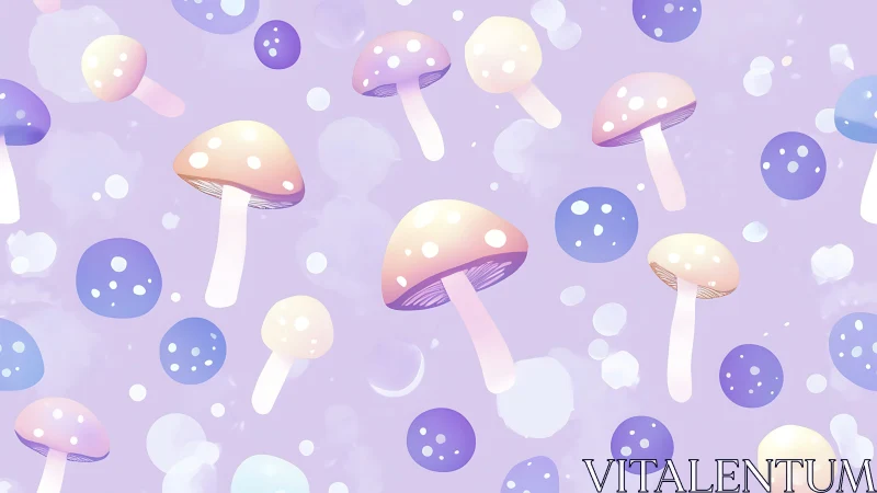 Pastel mushrooms float across soft lavender dream field.
