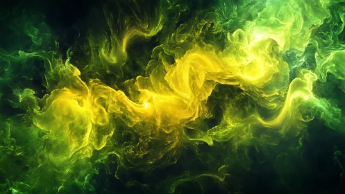 Solar storm waltz in swirling emerald and neon gold clouds.