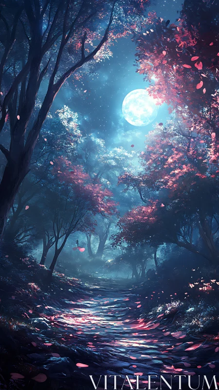 Moonlit Forest Path with Cherry Blossoms