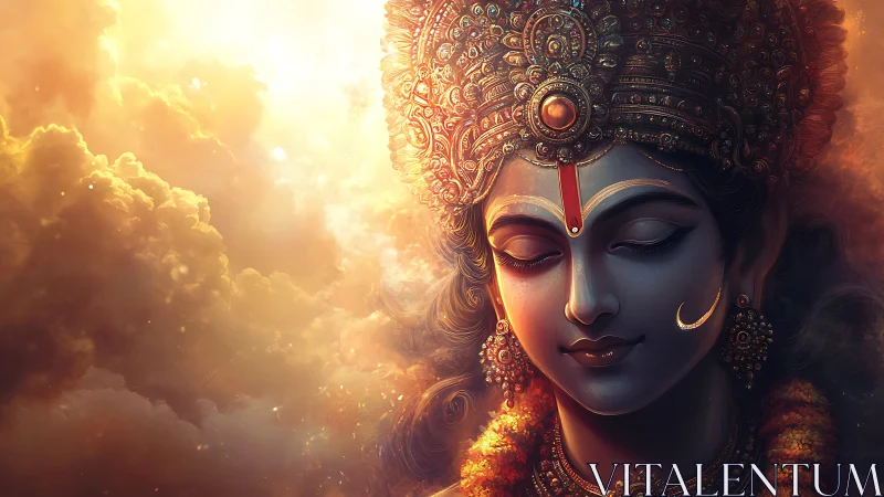 Divine blue-toned deity portrait in radiant golden clouds.