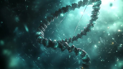 Helical cosmic strand rendered as fractured teal energy loop.