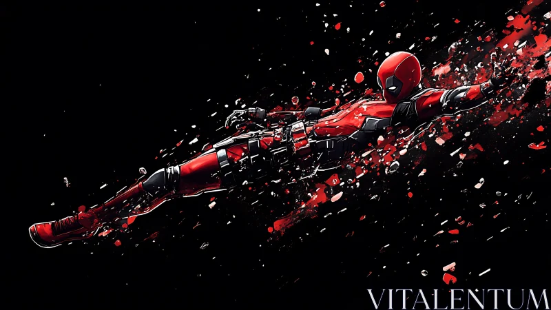 Playful red-suited hero bursting through cosmic shrapnel.