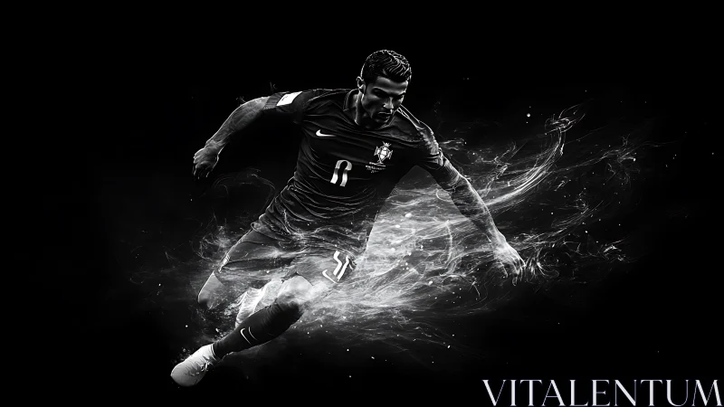 Explosive soccer forward surges through swirling light energy
