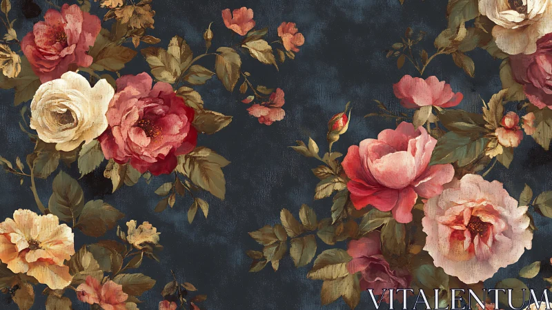Layered Floral Composition with Crimson Peonies on Midnight Ground.