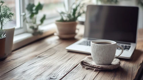 Ceramic coffee mug on rustic desk beside open laptop workspace.