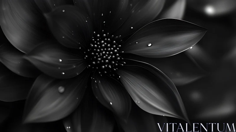 Black and white macro photograph of cosmos flower stamens with water droplets