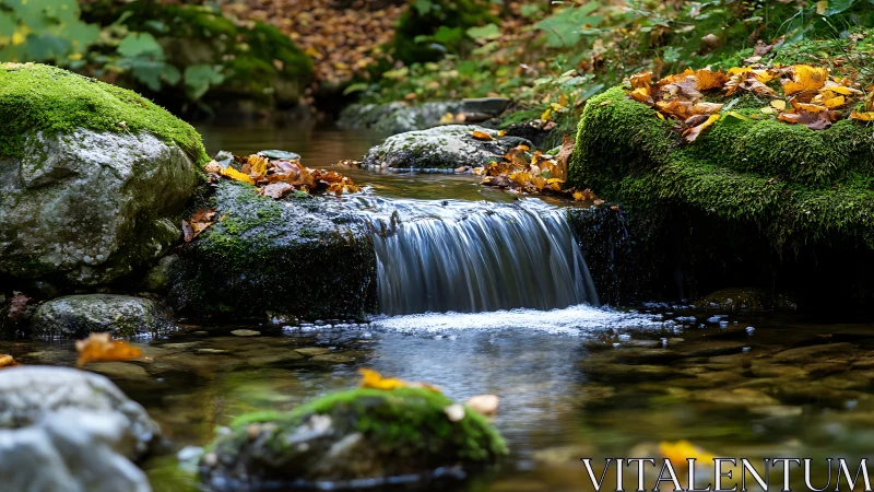 Macro stream cascade over mossy rocks in autumn forest
