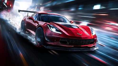 Red sports car races through wet neon urban night street