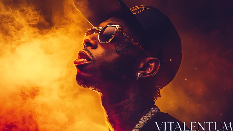 Glow-drenched rap icon drifting through molten haze.